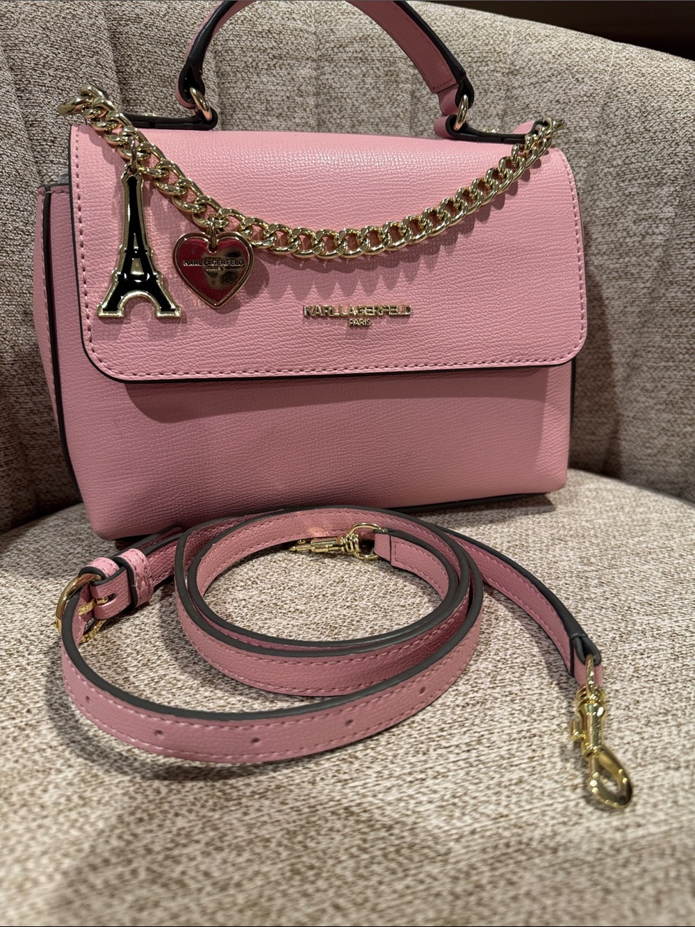 NWT Karl Lagerfeld Soft Pink Satchel Crossbody with Gold Charm Chain - Picture 2 of 6